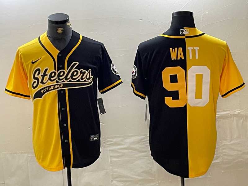 Mens Pittsburgh Steelers #90 TJ Watt Yellow Black Split With Patch Cool Base Stitched Baseball Jersey Dzhi 500w